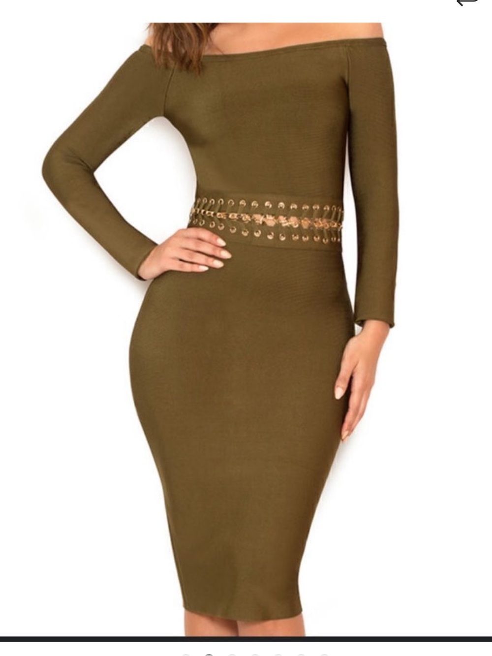 House of CB Olive Lace-Up Waist Long Sleeve Bandage Dress